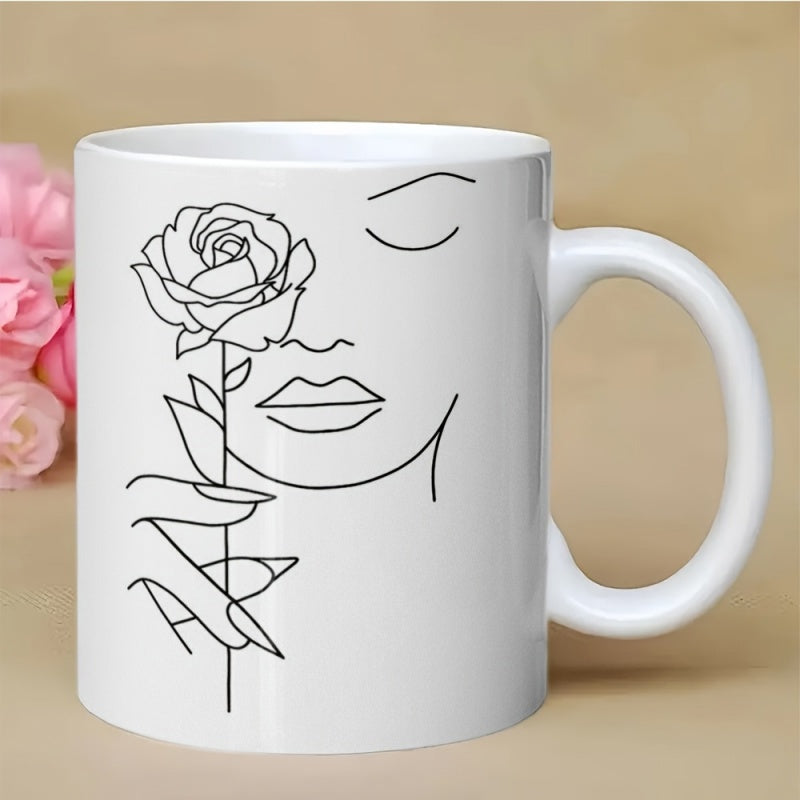 Tailorly White Ceramic 11 oz Mug - Elegant Minimalist Line Art Featuring Hand Holding A Graceful Blooming Rose Woman