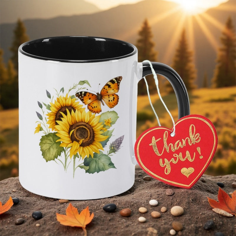 Tailorly Black Accent 11 oz Mug - sunflower floral print