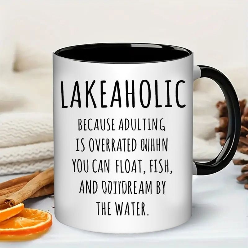 Tailorly Black Accent 11 oz Mug - 11 oz coffee cup humorous gift for two tone ceramic cup for coffee tea hot chocolate great present for lake fans