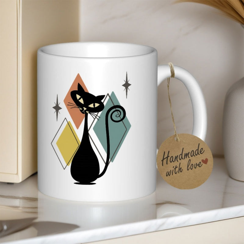 Tailorly White Ceramic 11 oz Mug - Handmade With Love Mid Century Modern Aesthetic With Colorful Diamonds And Sparkling Stars Black Cat
