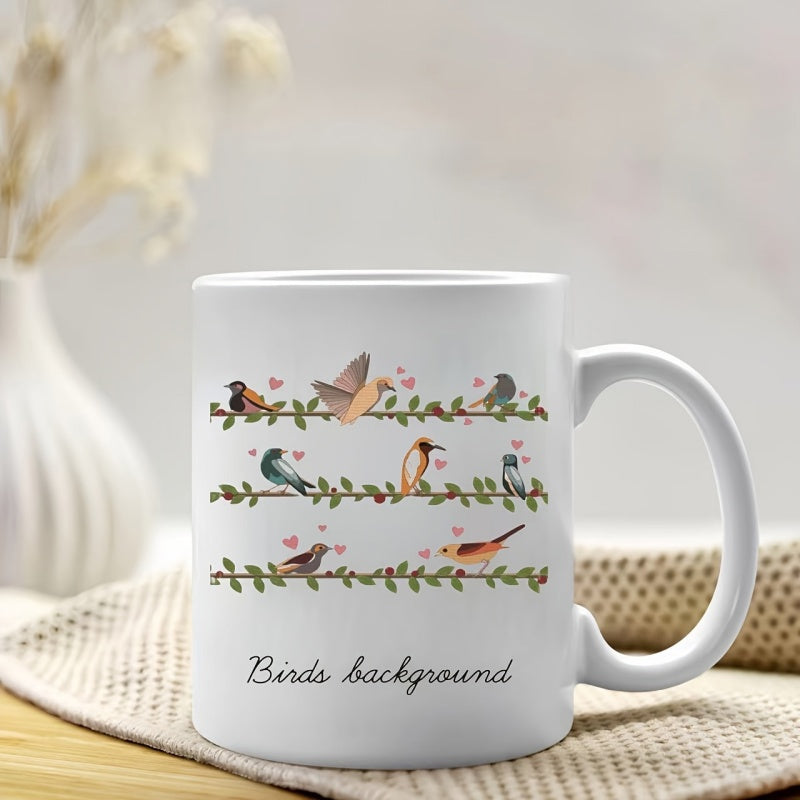 Tailorly White Ceramic 11 oz Mug - Birds Background Small Colorful Resting On Leafy Green Branches With Tiny Hearts Bird
