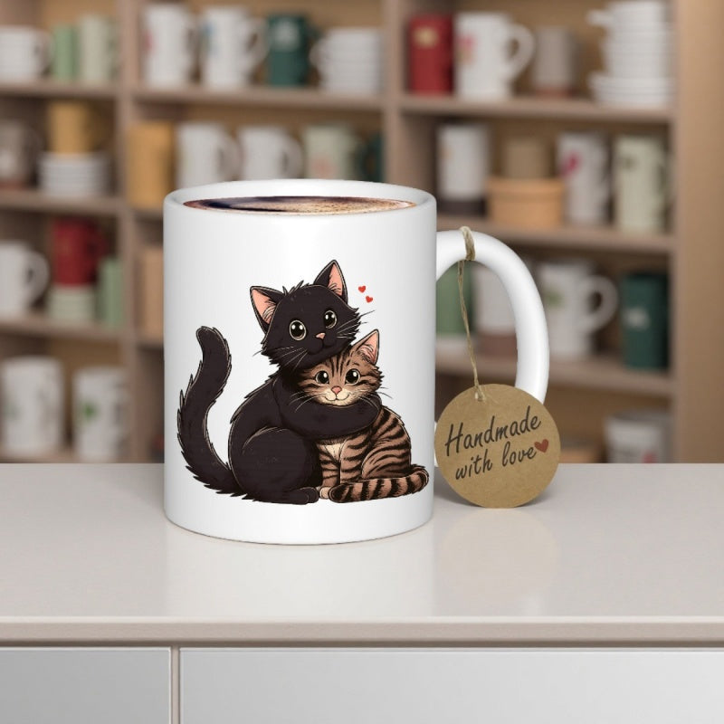 Tailorly White Ceramic 11 oz Mug - Adorable Black Fluffy Feline Hugging A Small Brown Striped Tabby Cats