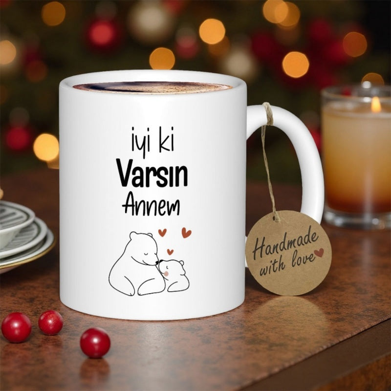 Tailorly White Ceramic 11 oz Mug - Handmade With Love Simple Minimalist Line Drawing Of Mother And Child Animals Polar Bear