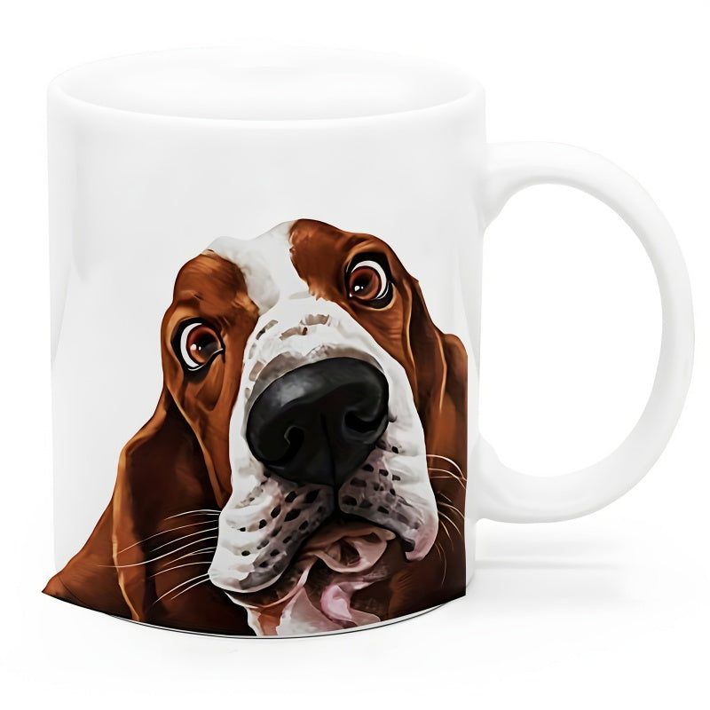 Tailorly White Ceramic 11 oz Mug - Curious Basset Hound Face Peering Closely With Large Nose And Wide Eyes Dog