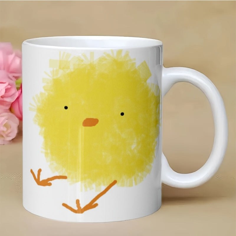 Tailorly White Ceramic 11 oz Mug - Fluffy Yellow Watercolor Style Bird With Tiny Eyes And Orange Feet Chick