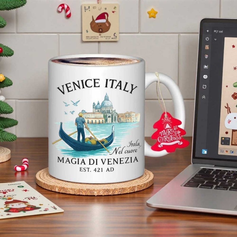 Tailorly White Ceramic 11 oz Mug - Venice Italy Est 421 Ad Traditional Gondolier Navigating Calm Waters Past Majestic Historic Architecture Gondola