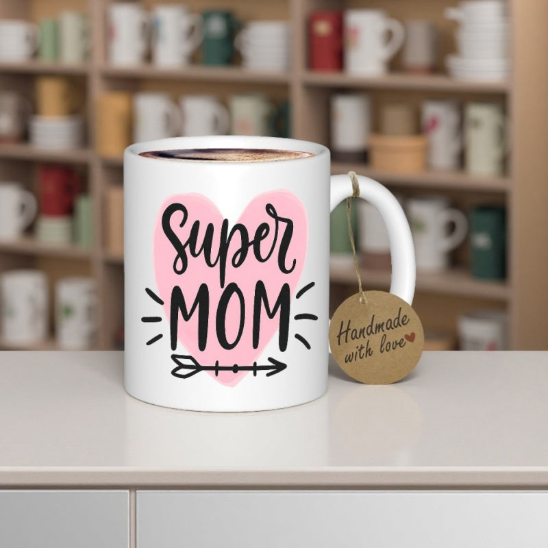 Tailorly White Ceramic 11 oz Mug - Super Mom Soft Pink Heart With Artistic Lines And Stylized Decorative Arrow Heart