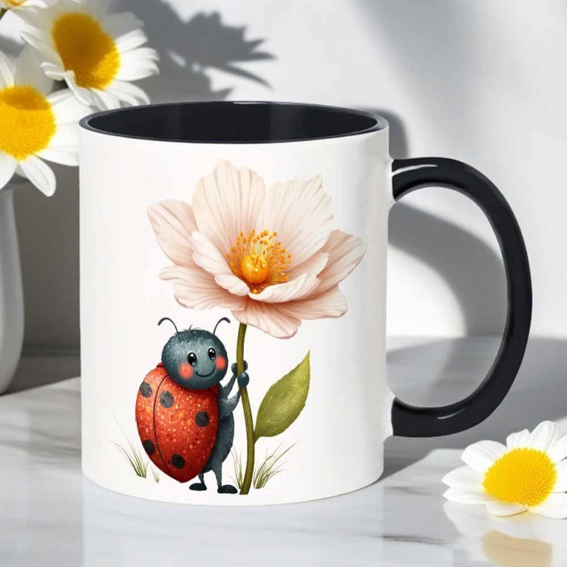 Tailorly Black Accent 11 oz Mug - ladybug and a large flower