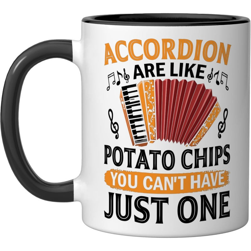 Tailorly Black Accent 11 oz Mug - accordions and potato chips illustration with text