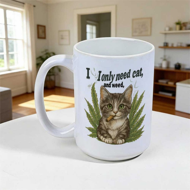 Tailorly White Ceramic 11 oz Mug - I Only Need Cat And Weed Small Striped Tabby Kitten Sitting Peacefully Among Lush Green Herbal Leaves Cat