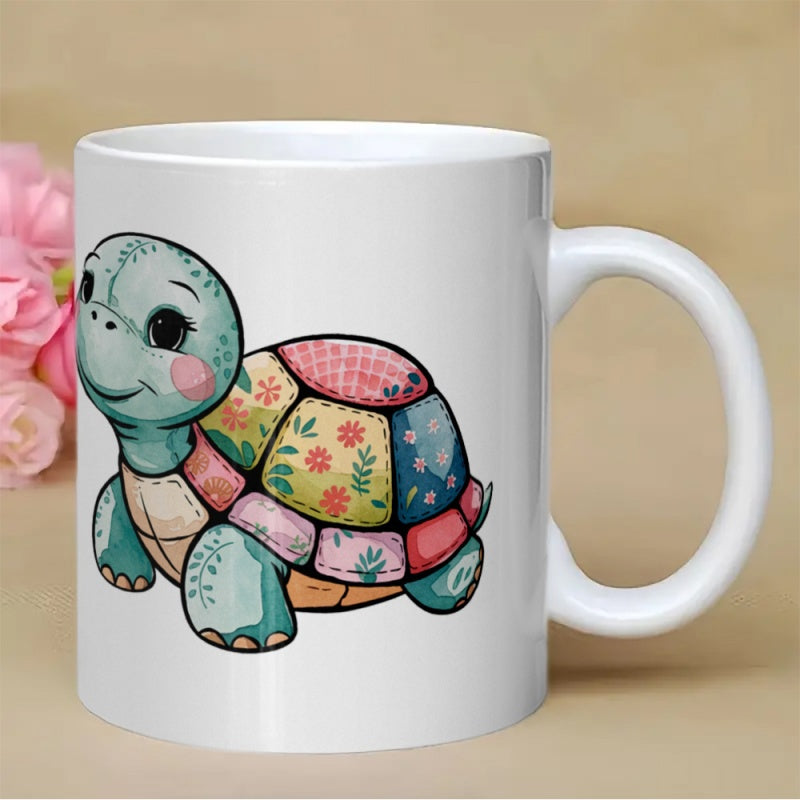 Tailorly White Ceramic 11 oz Mug - Adorable Smiling Cartoon Character With Vibrant Floral Quilt Pattern Shell Turtle