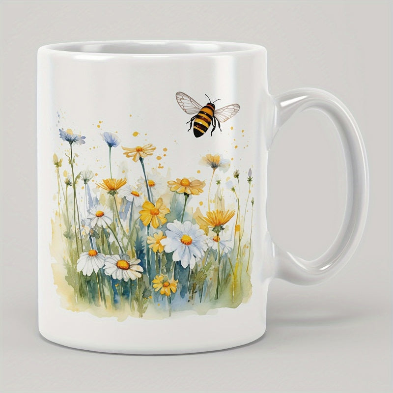 Tailorly White Ceramic 11 oz Mug - Vibrant Watercolor Daisies Blooming In A Gentle Spring Garden Bee