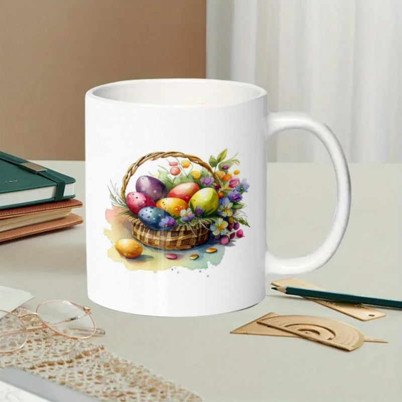Tailorly White Ceramic 11 oz Mug - Hand Painted Colorful Easter Eggs Nestled Inside A Rustic Wicker Basket