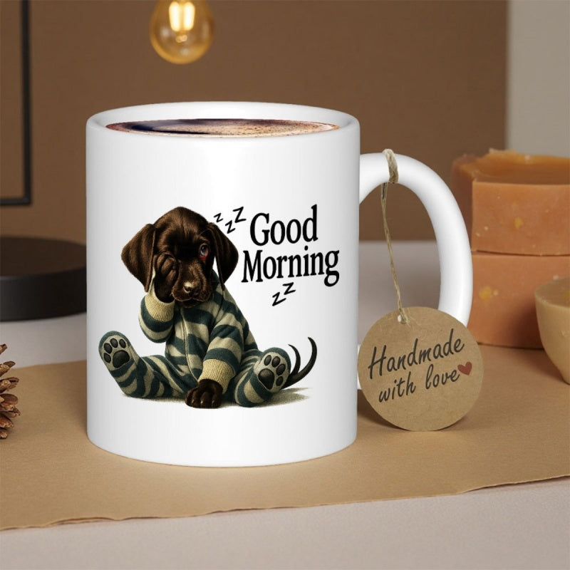 Tailorly White Ceramic 11 oz Mug - Good Morning Sleepy Brown Puppy Wearing Striped Pajamas Sitting Alone On White Background Puppy