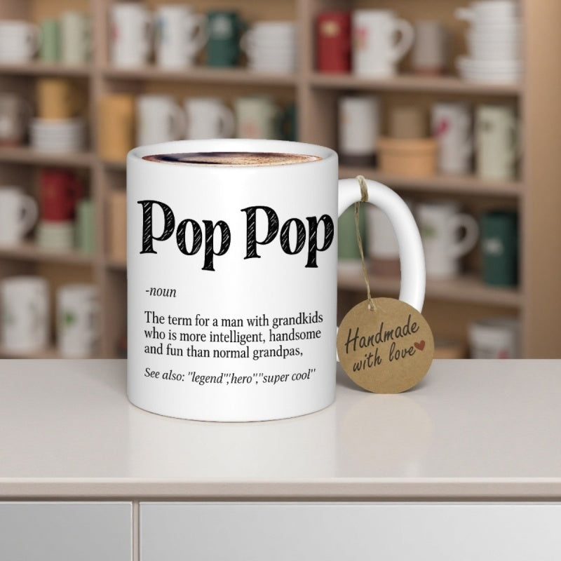 Tailorly White Ceramic 11 oz Mug - Pop Pop Definition Minimalist White Ceramic Vessel Featuring Distressed Black Typography Definition Mug