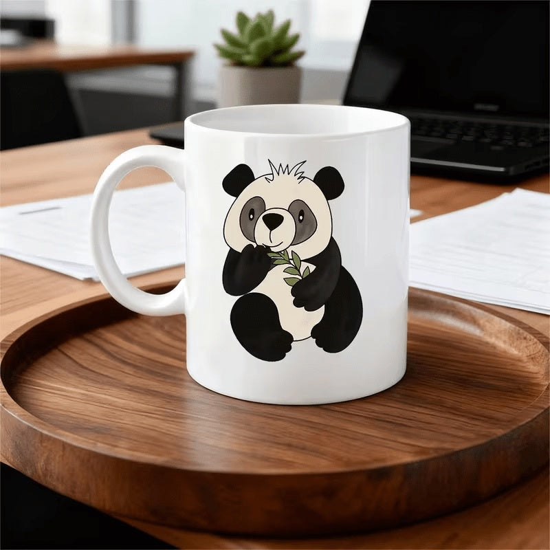 Tailorly White Ceramic 11 oz Mug - Hand Drawn Cute Cartoon Animal Holding Green Bamboo Leaf Sitting Panda