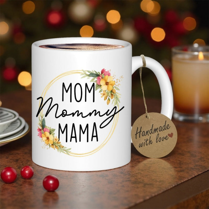 Tailorly White Ceramic 11 oz Mug - Mom Mommy Mama Elegant Circular Floral Arrangement With Vibrant Spring Blooms And Foliage Wreath
