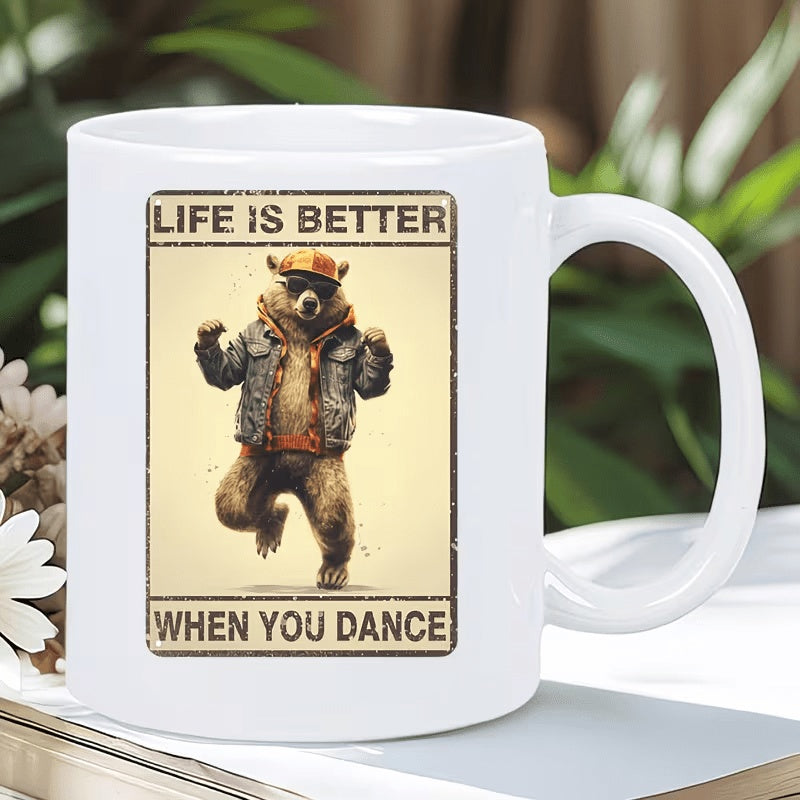 Tailorly White Ceramic 11 oz Mug - Life Is Better When You Dance Dancing Retro Bear Wearing Denim Jacket And Modern Cap Style Bear