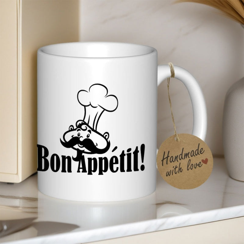 Tailorly White Ceramic 11 oz Mug - Bon Appétit Classic Cartoon Chef With Large Mustache Wearing Traditional White Toque Hat Chef