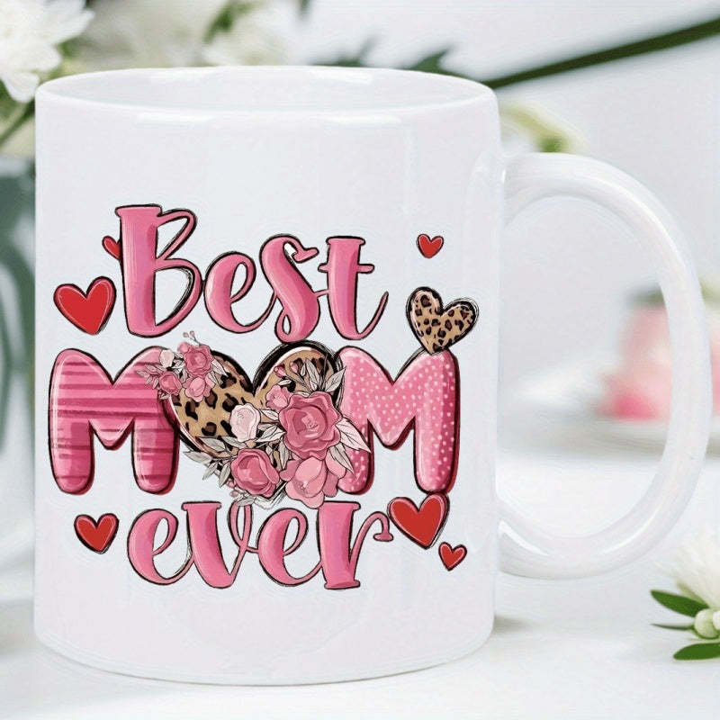 Tailorly White Ceramic 11 oz Mug - Best Mom Ever Vibrant Pink Hearts With Leopard Print Patterns And Delicate Floral Blossoms Heart