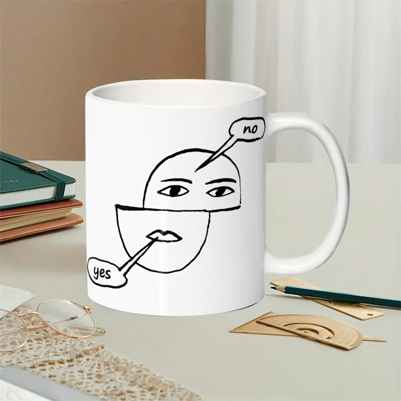 Tailorly White Ceramic 11 oz Mug - Yes No Minimalist Line Drawing Of A Split Abstract Human Face