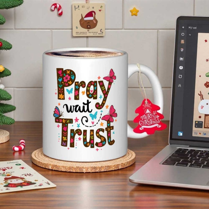 Tailorly White Ceramic 11 oz Mug - Pray Wait Trust Vibrant Floral Patterns With Colorful Butterflies Surrounding Inspirational Spiritual Words Butterfly