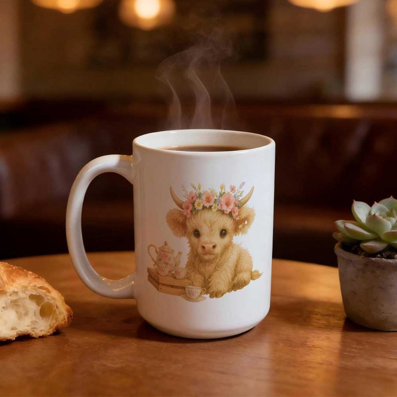 Tailorly White Ceramic 11 oz Mug - Adorable Fluffy Baby Highland Cow With Delicate Floral Wreath Cow