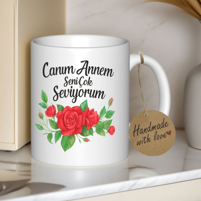 Tailorly White Ceramic 11 oz Mug - Handmade With Love Vibrant Red Blossoms Surrounded By Lush Green Leaves And Delicate Buds Rose