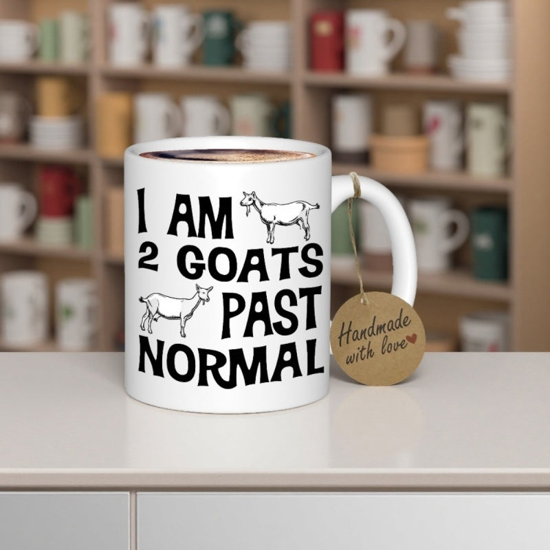Tailorly White Ceramic 11 oz Mug - I Am 2 Goats Past Normal Simple Black Line Art Silhouettes Depicting Farm Animals Standing On White Background Goat