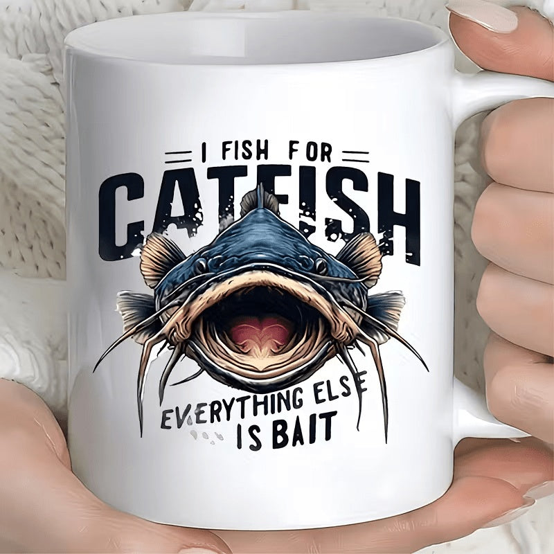 Tailorly White Ceramic 11 oz Mug - I Fish For Catfish Everything Else Is Bait Detailed Distressed Illustrative Style With Wide Open Mouth Freshwater Catfish