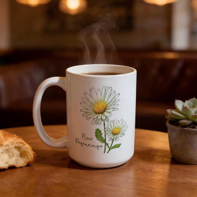 Tailorly White Ceramic 11 oz Mug - New Beginnings Delicate White Daisy Petals With Vibrant Yellow Centers And Green Leaves Flower