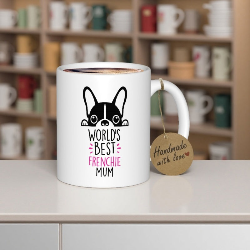 Tailorly White Ceramic 11 oz Mug - Worlds Best Frenchie Mum Minimalist Black Graphic Illustration Of Cute Peeking Puppy Dog Frenchie