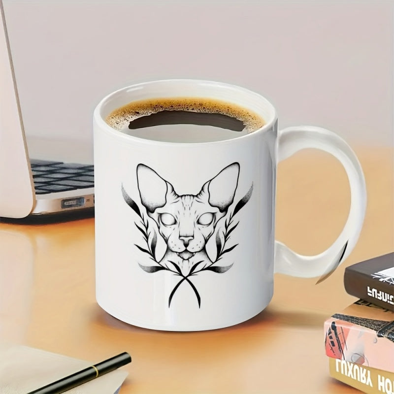Tailorly White Ceramic 11 oz Mug - Mystical Black Ink Artistic Tribal Design Featuring A Serene Majestic Sphynx Cat