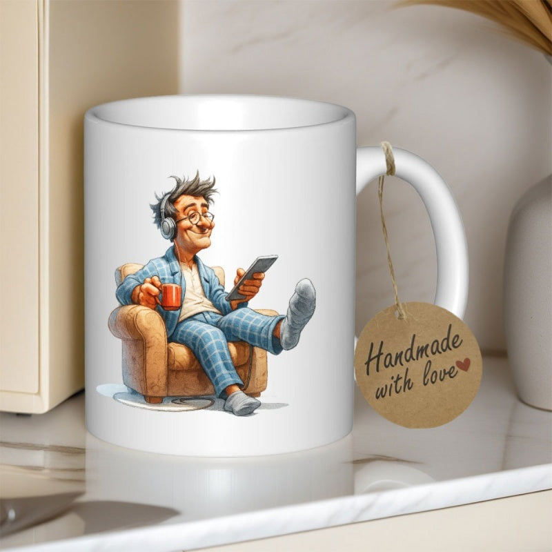 Tailorly White Ceramic 11 oz Mug - Handmade With Love Relaxing Character Sitting In Cozy Armchair Wearing Pajamas And Headphones Man