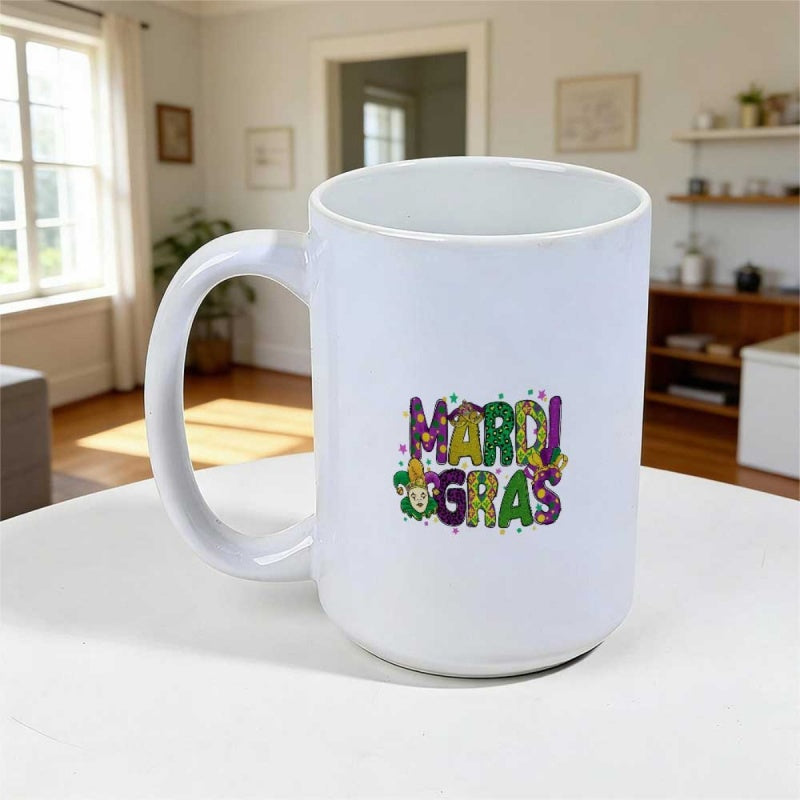 Tailorly White Ceramic 11 oz Mug - Mardi Gras Colorful Festive Typography With Purple Green And Gold Decorative Carnival Ornament