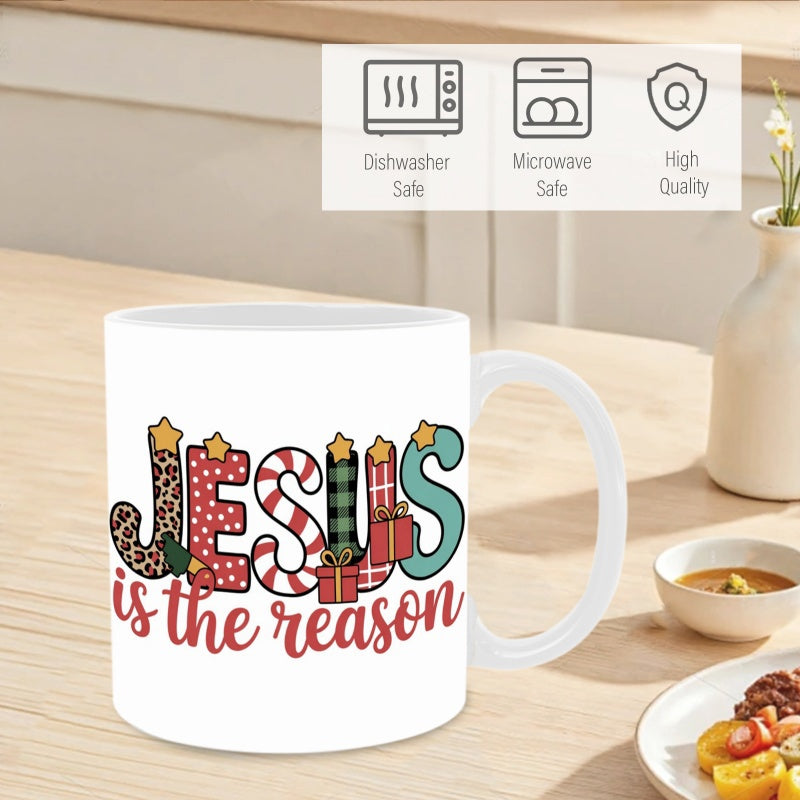 Tailorly White Ceramic 11 oz Mug - Jesus Is The Reason Decorative Festive Elements With Leopard Print And Candy Cane Stripes Ornate Typography