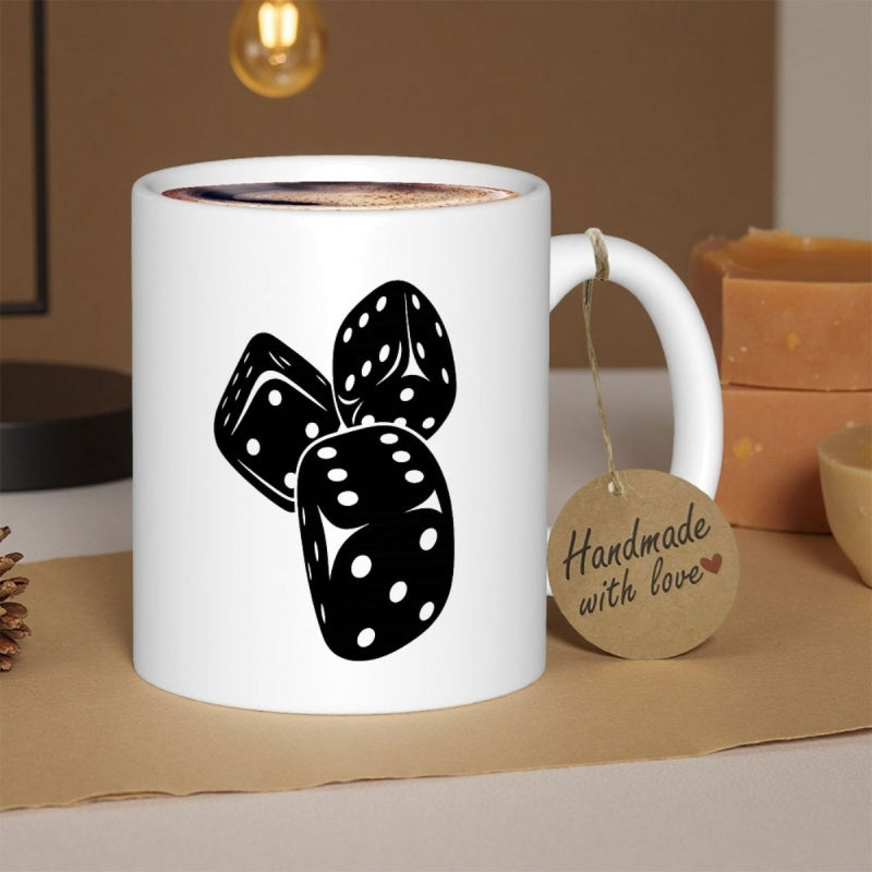 Tailorly White Ceramic 11 oz Mug - Minimalist Bold Black Silhouette Style Featuring Three Classic Rolling Game Cubes Dice