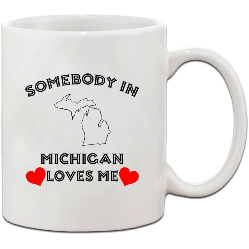 Tailorly White Ceramic 11 oz Mug - Somebody In Michigan Loves Me Simple State Map Outline With Two Small Red Hearts Michigan