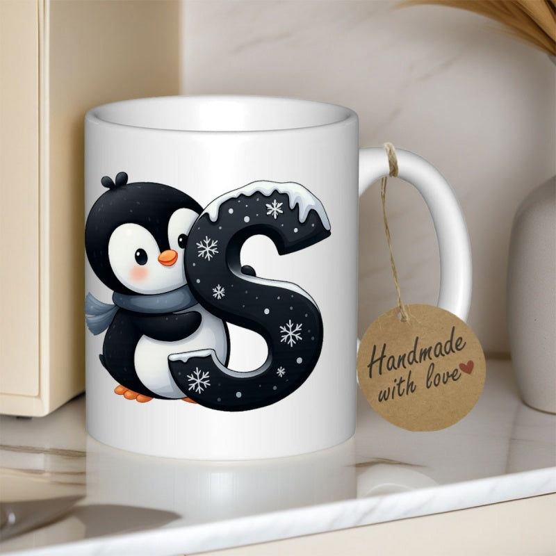 Tailorly White Ceramic 11 oz Mug - S Adorable Winter Wearing Blue Scarf Hugging Snowy Large Decorative Letter Penguin