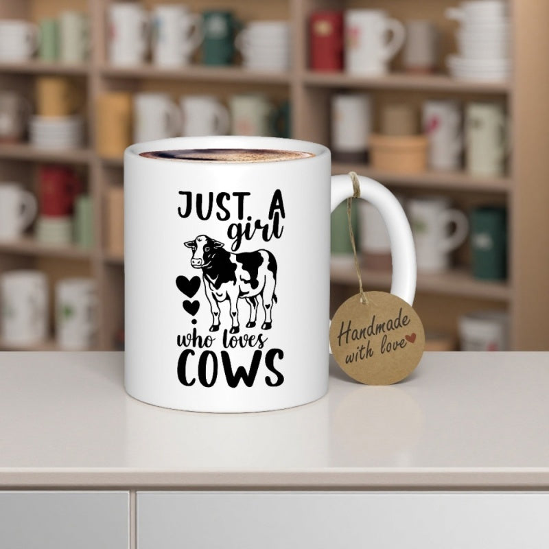 Tailorly White Ceramic 11 oz Mug - Just A Girl Who Loves Cows Minimalist Black And White Spotted Heifer Standing With Decorative Floating Hearts Cow
