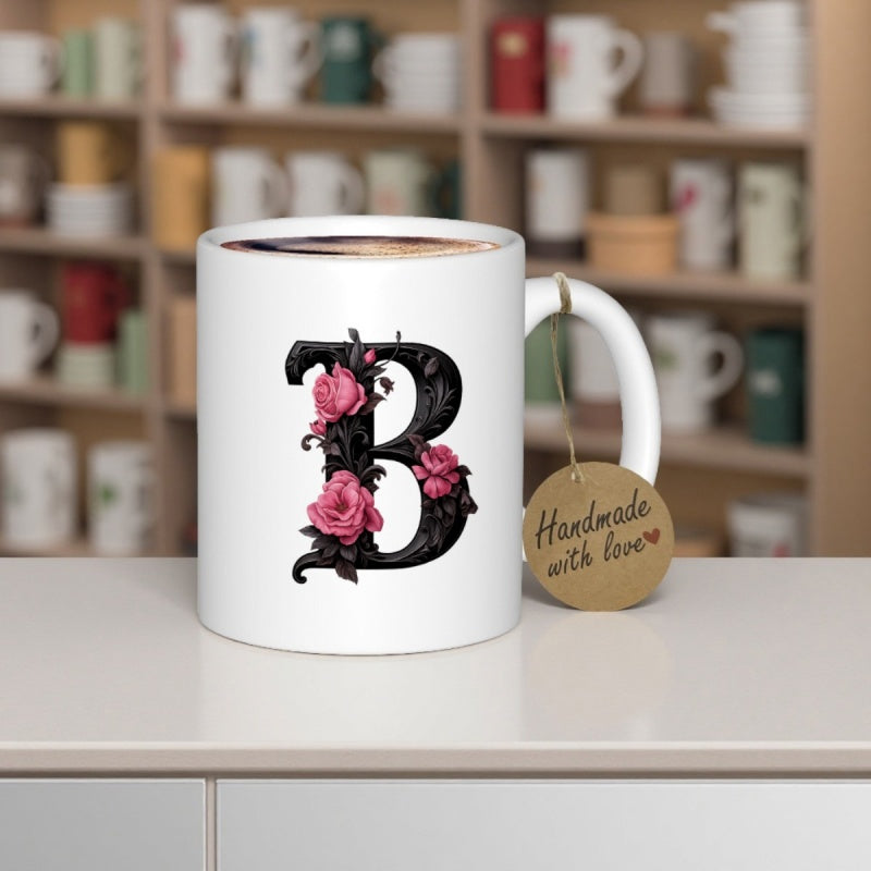 Tailorly White Ceramic 11 oz Mug - B Handmade With Love Elegant Vintage Serif Decorated With Pink Blooming Floral Roses Letter