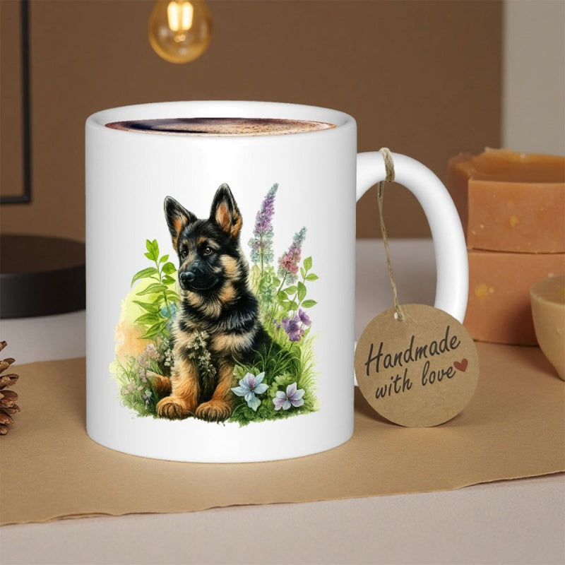 Tailorly White Ceramic 11 oz Mug - Handmade With Love Loyal German Shepherd Puppy Sitting Among Blooming Garden Flowers Under Soft Morning Light Dog