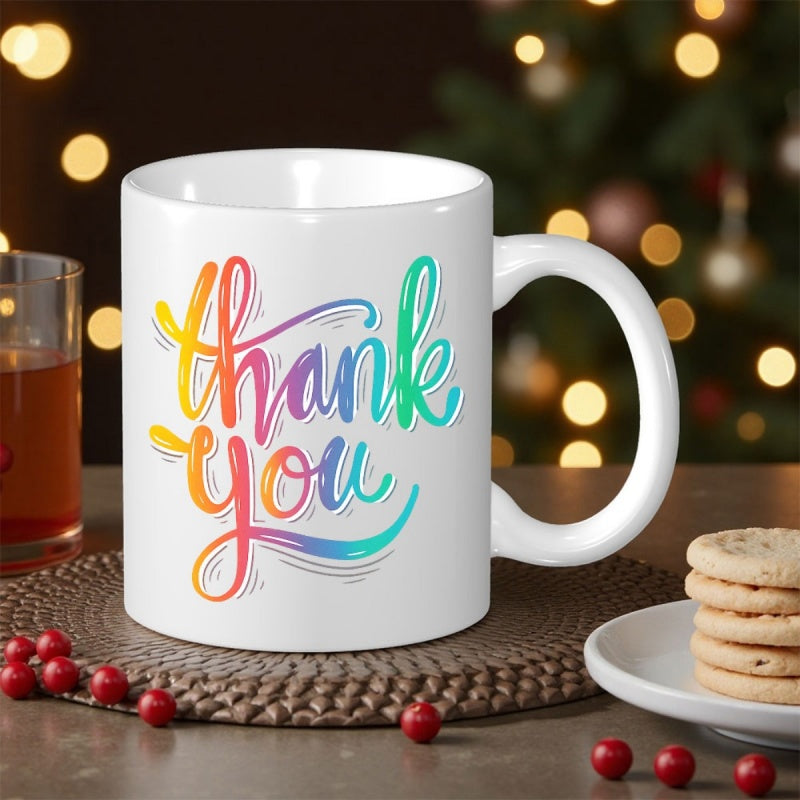 Tailorly White Ceramic 11 oz Mug - Thank You Vibrant Rainbow Gradient Artistic Script Hand Lettered Style Mug