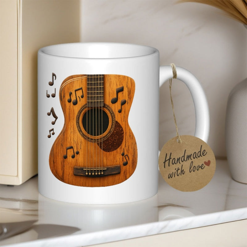 Tailorly White Ceramic 11 oz Mug - Handmade With Love Polished Wooden Body Among Dancing Musical Notes Under Soft Indoor Light Guitar