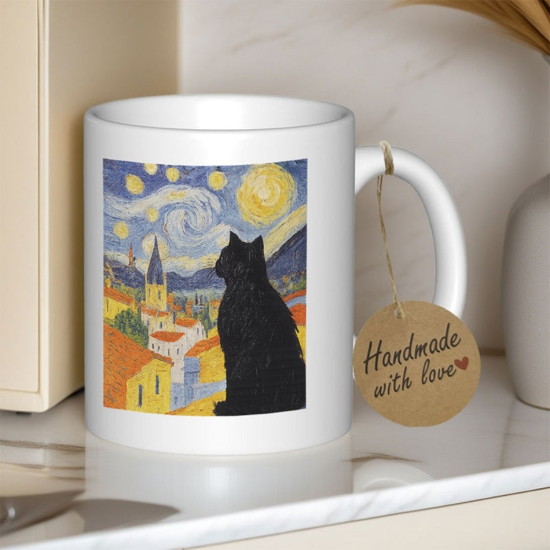 Tailorly White Ceramic 11 oz Mug - Black Cat Sitting Under Swirling Starry Night Sky With Golden Stars Cat