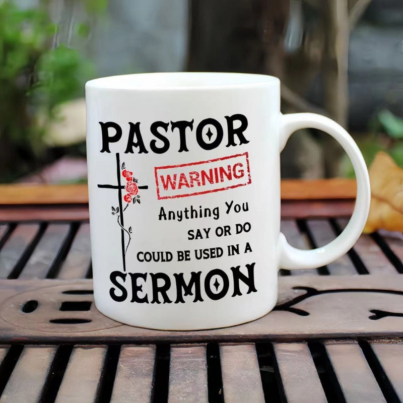 Tailorly White Ceramic 11 oz Mug - Pastor Warning Anything You Say Or Do Could Be Used In A Sermon Elegant Christian Cross Wrapped In Delicate Red Vines And Sacred