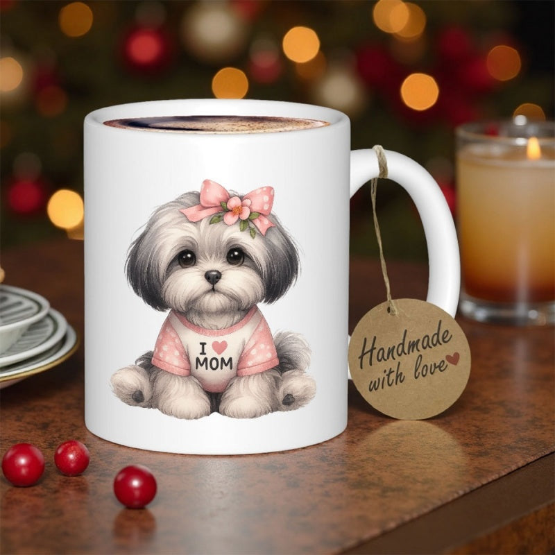 Tailorly White Ceramic 11 oz Mug - I Love Mom Adorable Sitting Puppy Wearing Pink Bow And Dotted Shirt Under Holiday Lights Dog