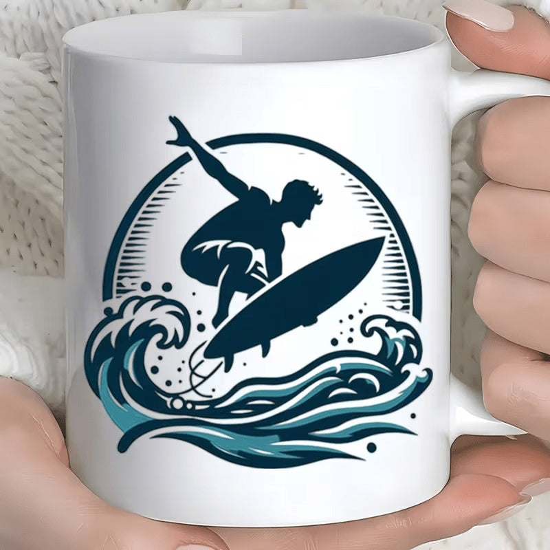 Tailorly White Ceramic 11 oz Mug - Silhouette Riding Ocean Waves Under A Circular Sun Background Stylized Surfer