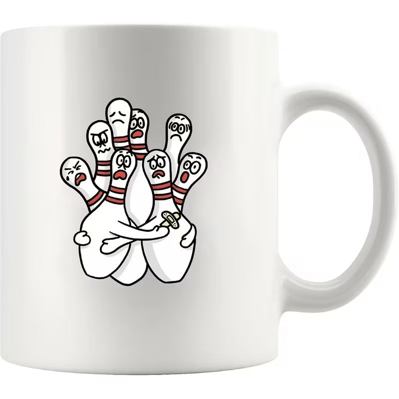 Tailorly White Ceramic 11 oz Mug - Humorous Cartoon Bowling Pins With Worried Expressions Hugging Each Other In Group Pins