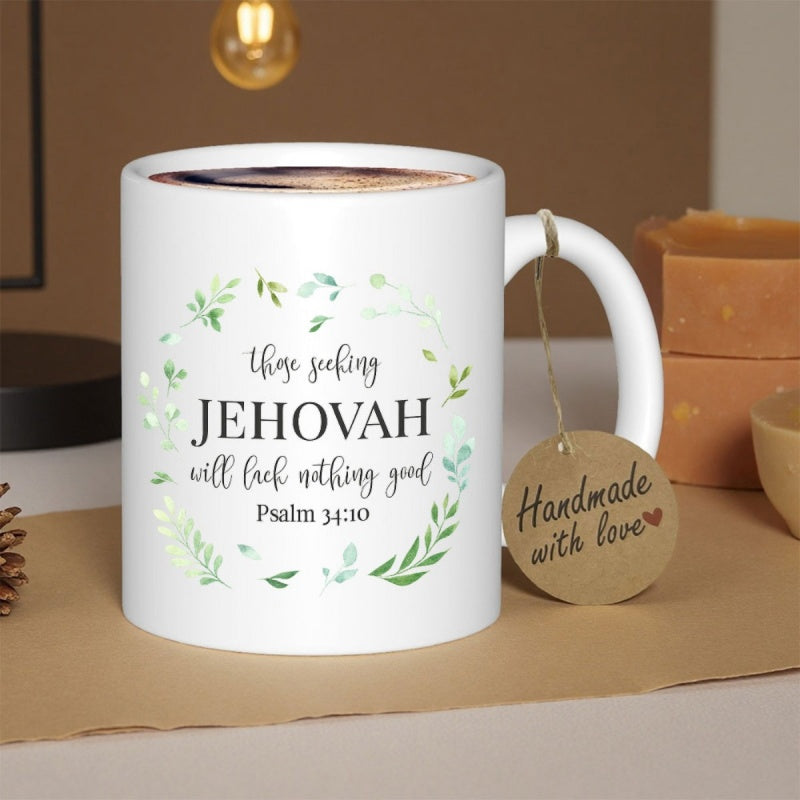 Tailorly White Ceramic 11 oz Mug - Those Seeking Jehovah Will Lack Nothing Good Psalm 34 10 Delicate Green Leaves Forming A Circular Floral Arrangement Wreath